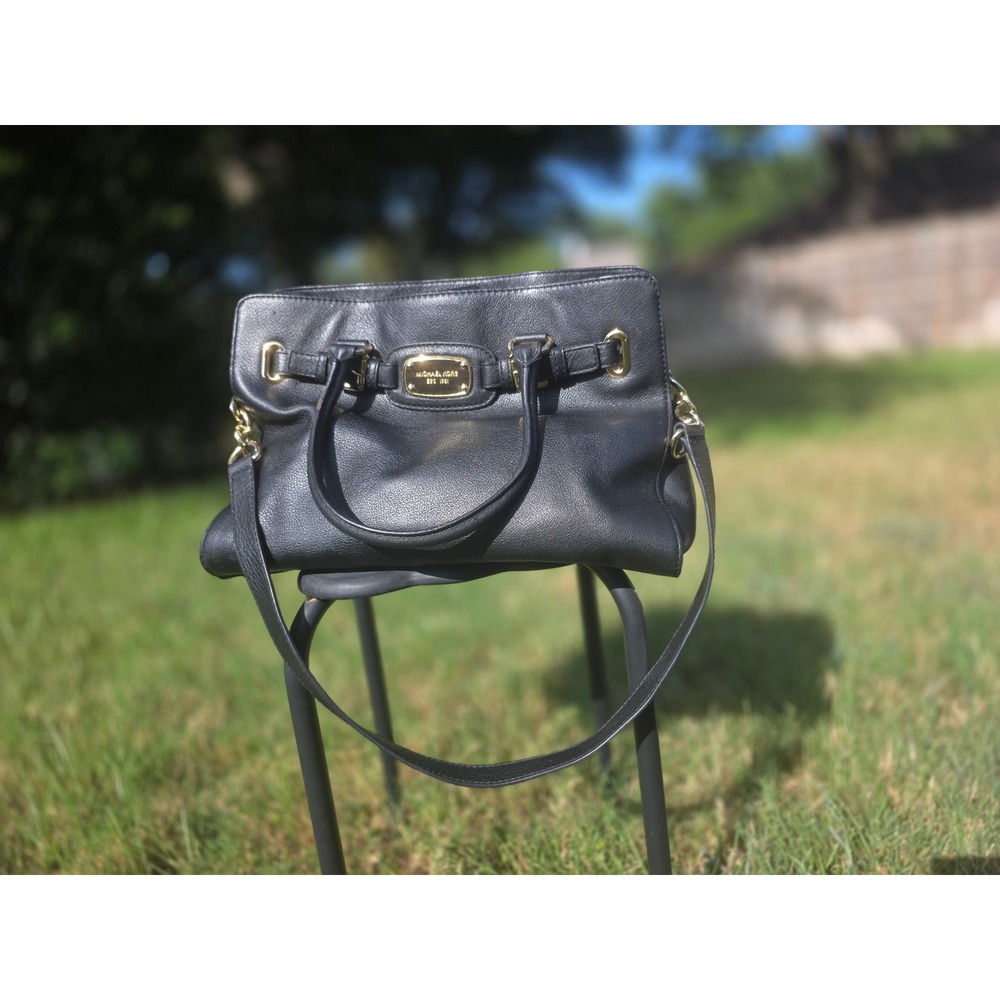 Michael Kors Hamilton Black Pebbled Leather Satchel Gold Hardware Handbag